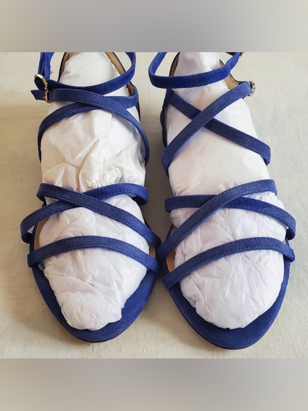 J.Crew Emmaline Sandal Blue Suede Mini Wedge Pointed Toe Strappy Flat Sandal 6 - Picture 4 of 7
